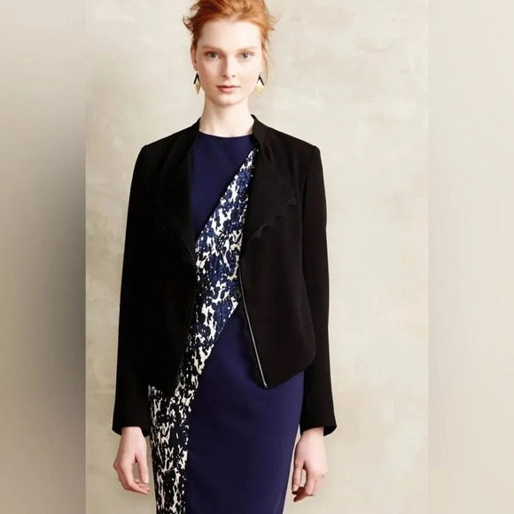 ELEVENSES‎ by ANTHROPOLOGIE Dimmet Lace Trim Open Front Blazer in Black Noir - Picture 1 of 11